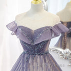Purple Gradient A-Line Beaded Tulle Long Prom Dresses, Floor Length Purple Evening Dresses