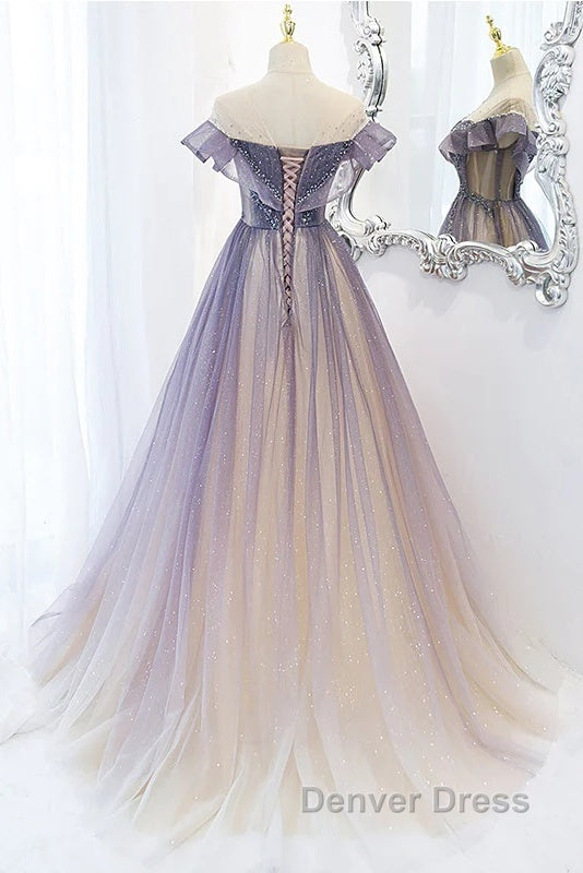 Purple Gradient A-Line Beaded Tulle Long Prom Dresses, Floor Length Purple Evening Dresses