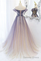 Purple Gradient A-Line Beaded Tulle Long Prom Dress, Floor Length Purple Evening Dress