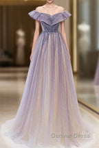 Purple Gradient A-Line Beaded Tulle Long Prom Dresses, Floor Length Purple Evening Dresses