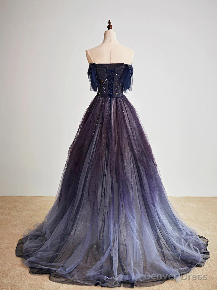 Purple Gradient Off Shoulder Beaded Sweetheart Prom Dress, Purple Long Tulle Formal Dress Secondary image