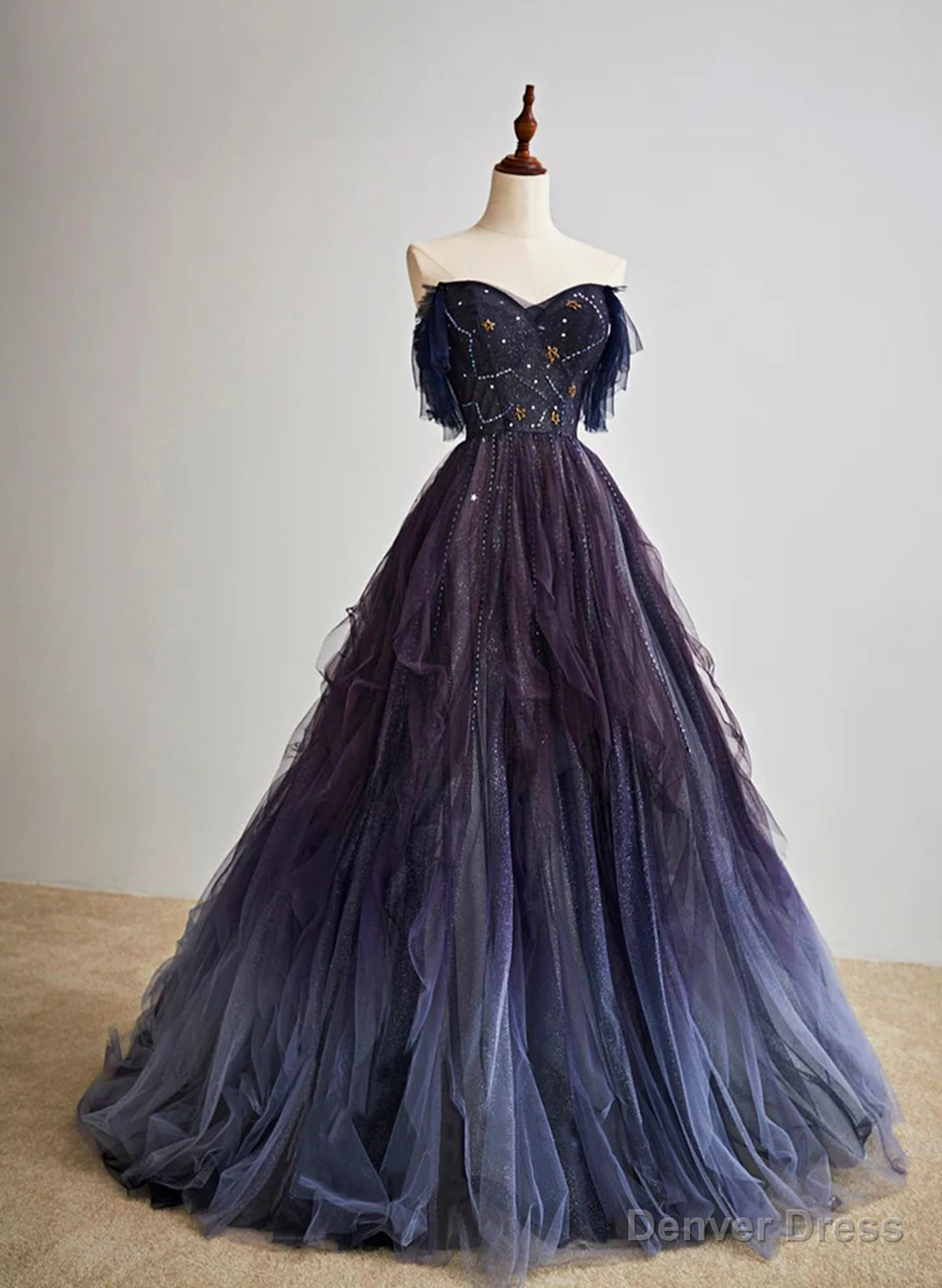 Purple Gradient Off Shoulder Beaded Sweetheart Prom Dress, Purple Long Tulle Formal Dress Main image