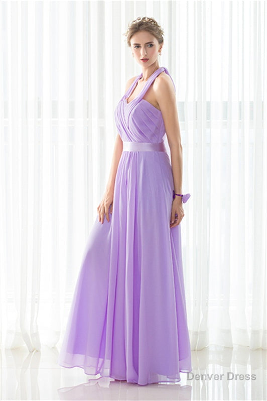 Purple Halter Chiffon Backless Pleats Long Bridesmaid Dresses Secondary image
