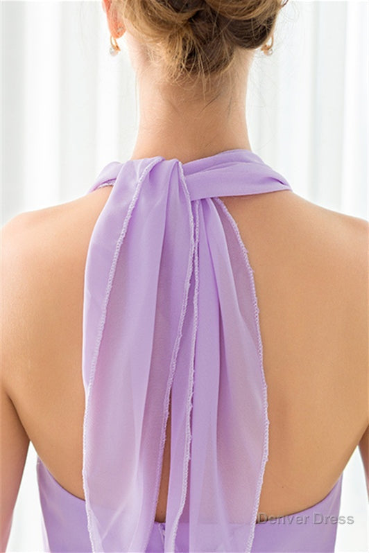 Purple Halter Chiffon Backless Pleats Long Bridesmaid Dresses