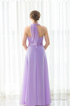 Purple Halter Chiffon Backless Pleats Long Bridesmaid Dresses