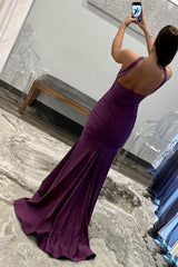 purple halter neck satin prom dress