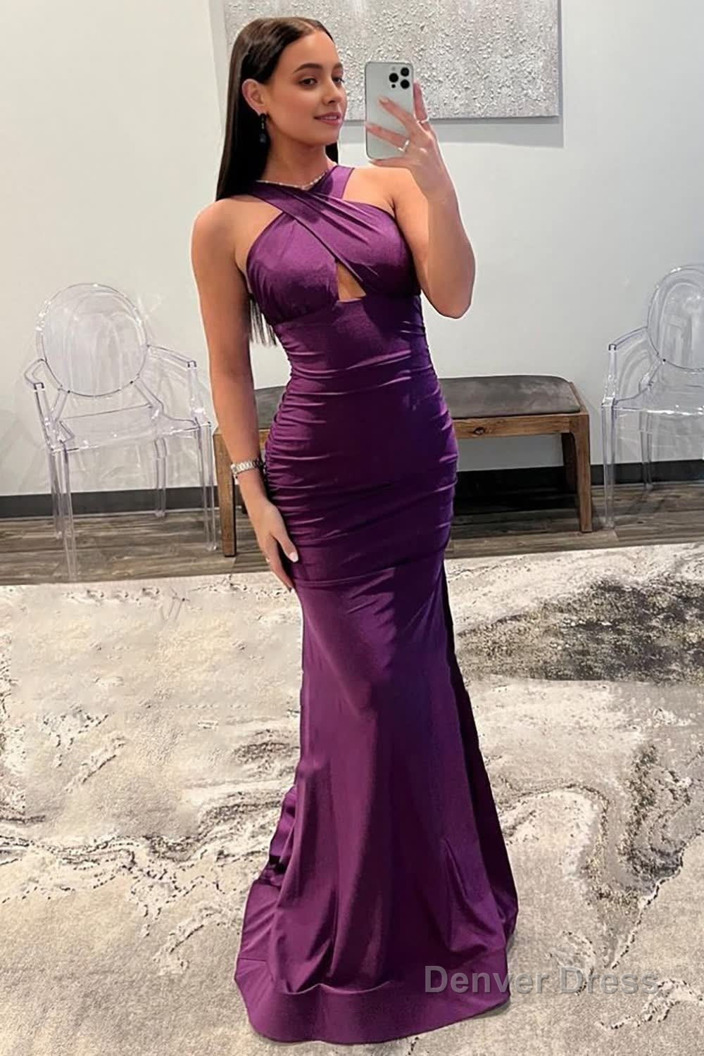 purple halter neck satin prom dress