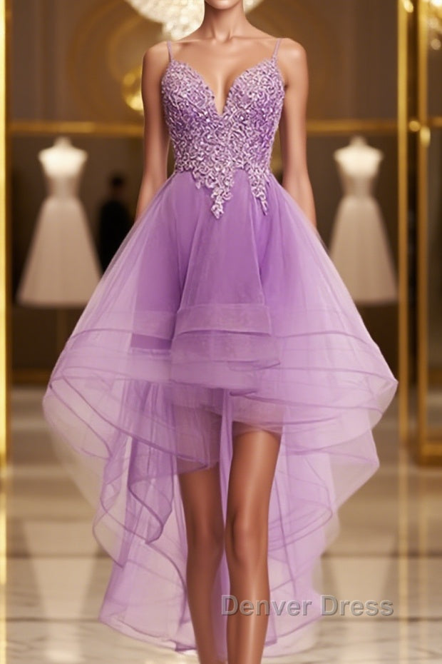 Purple High Low Lace Prom Dress, Light Purple High Low Lace Prom Homecoming Dresses