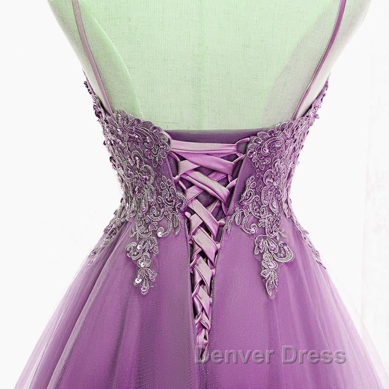 Purple High Low Lace Prom Dress, Light Purple High Low Lace Prom Homecoming Dresses