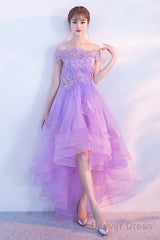 Purple High Low Off Shoulder Lace Applique Prom Dresses, Light Purple Homecoming Dresses
