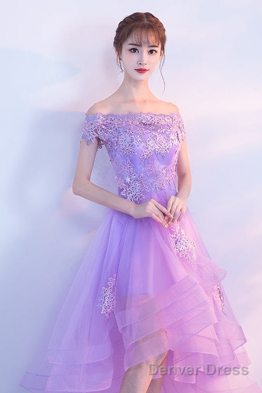 Purple High Low Off Shoulder Lace Applique Prom Dresses, Light Purple Homecoming Dresses