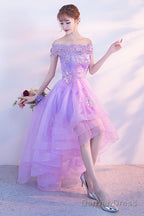 Purple High Low Off Shoulder Lace Applique Prom Dresses, Light Purple Homecoming Dresses