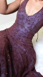 Purple Lace Halter Prom Dress Long Prom Dresses,