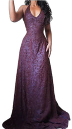 Purple Lace Halter Prom Dress Long Prom Dresses,