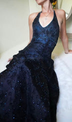 Purple Lace Halter Prom Dress Long Prom Dresses,