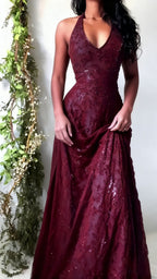 Purple Lace Halter Prom Dress Long Prom Dresses,