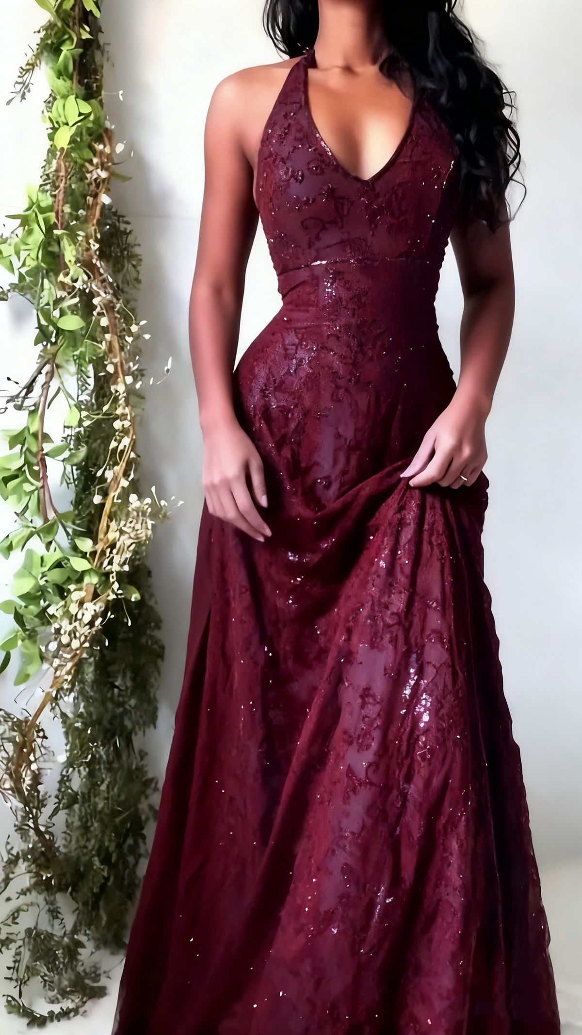 Purple Lace Halter Prom Dress Long Prom Dresses,