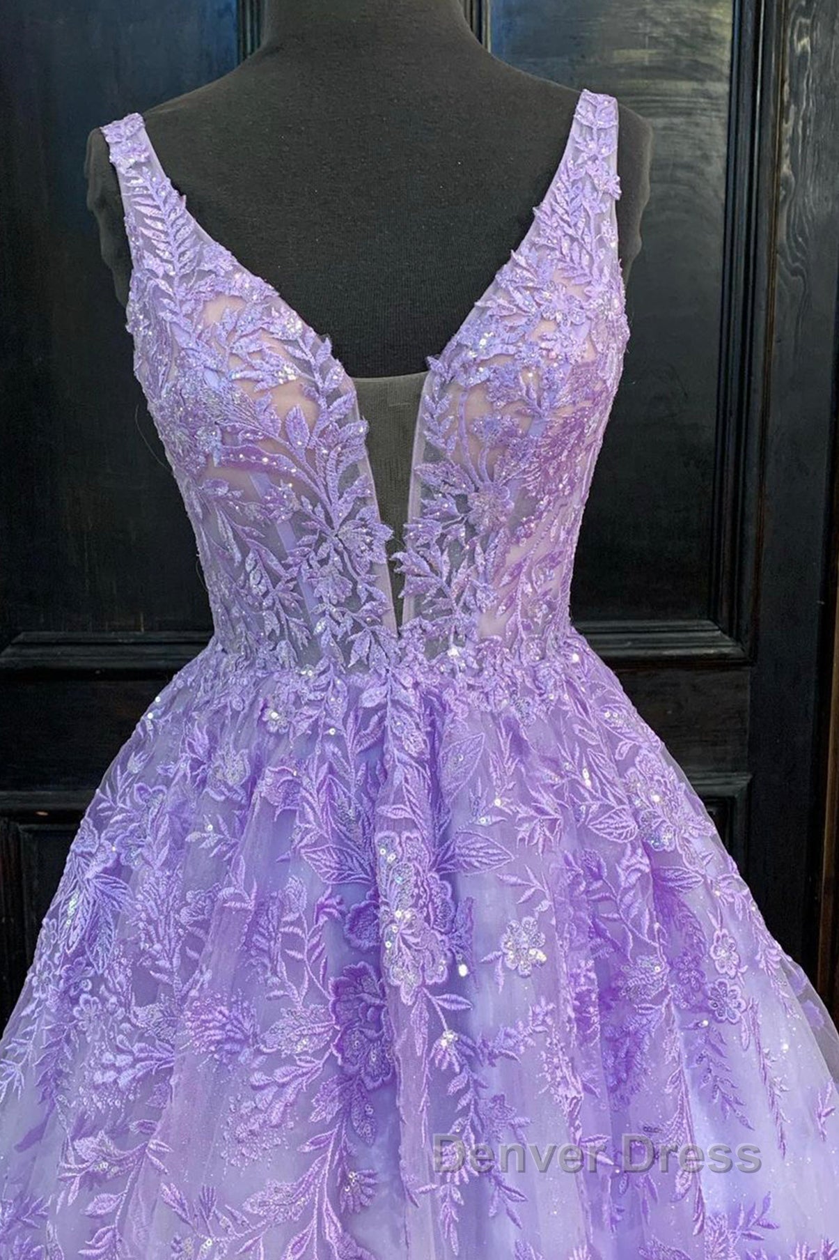 Purple Lace Long A Line Prom Dresses Evening Dresses