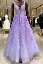 Purple Lace Long A Line Prom Dresses Evening Dresses
