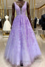 Purple Lace Long A Line Prom Dresses Evening Dresses