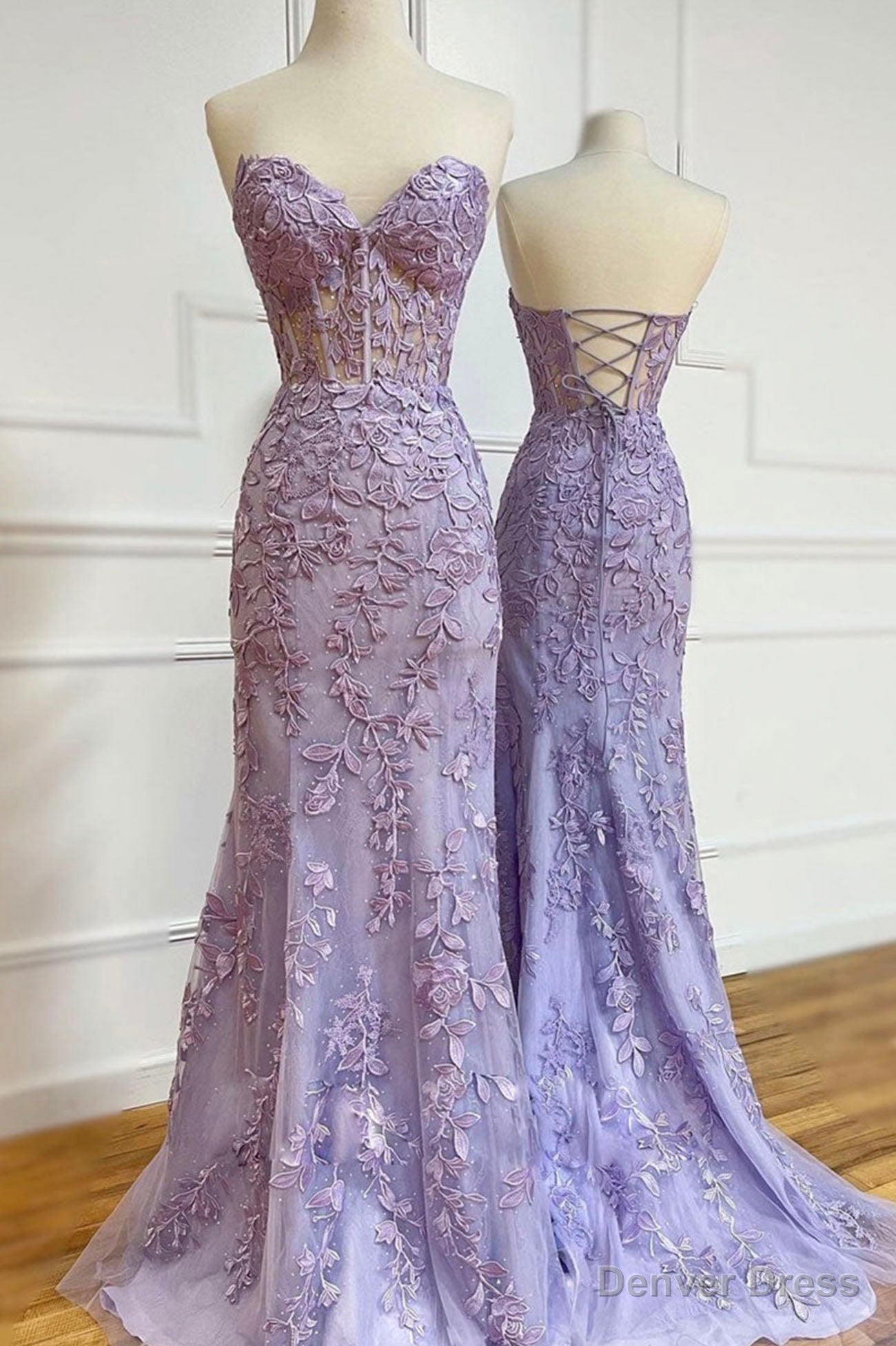 Purple Lace Long Mermaid Prom Dress, Strapless Prom Dresses