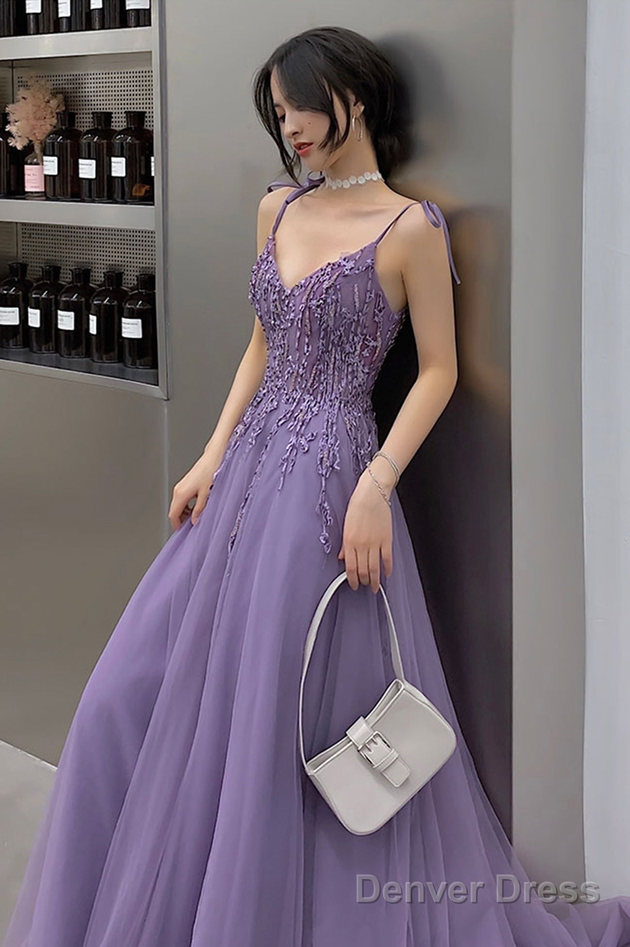 Purple Lace Long Prom Dresses, A-Line Purple Evening Graduation Dresses
