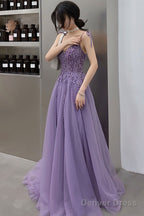 Purple Lace Long Prom Dresses, A-Line Purple Evening Graduation Dresses