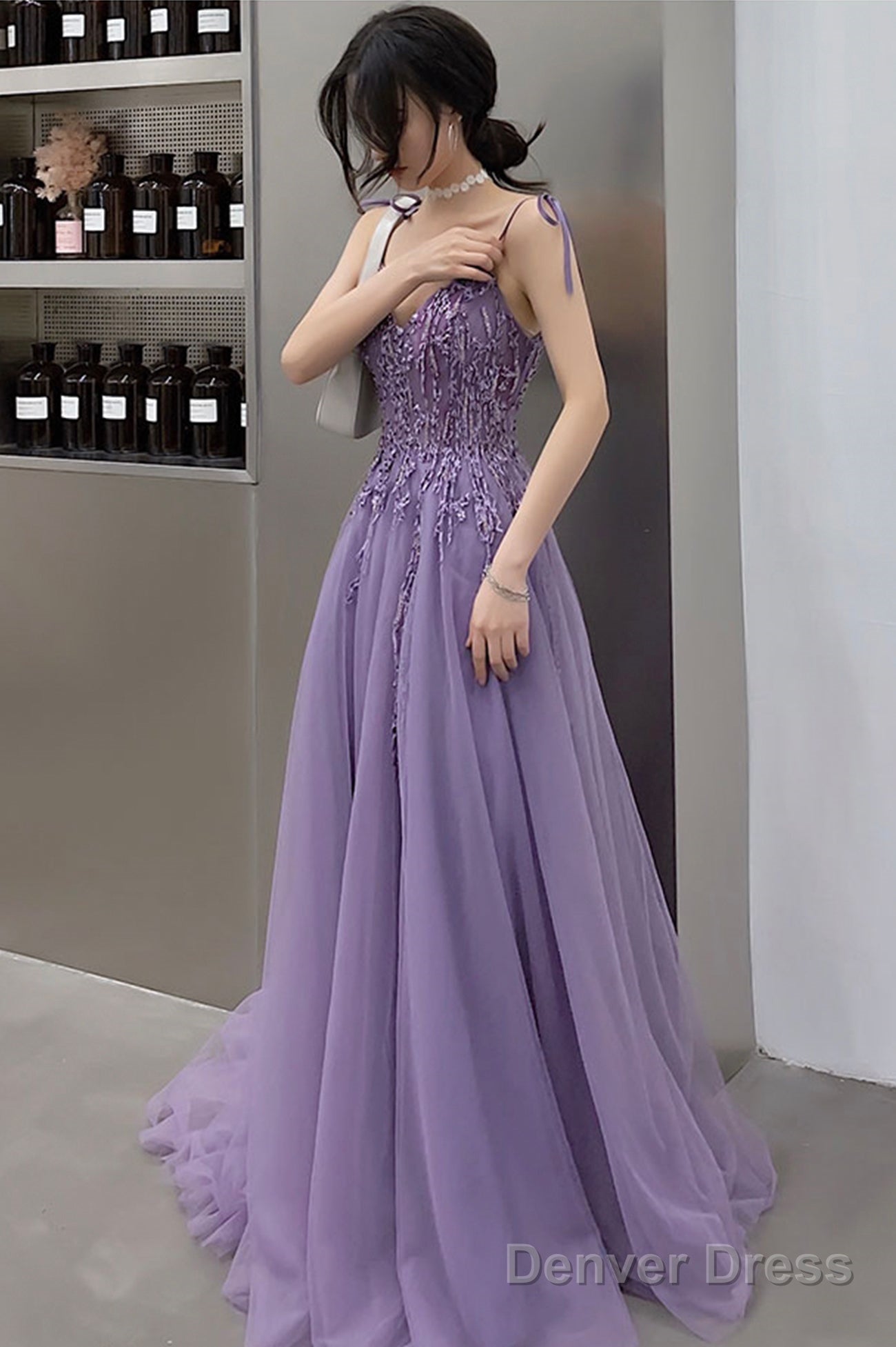 Purple Lace Long Prom Dresses, A-Line Purple Evening Graduation Dresses