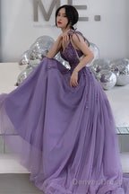 Purple Lace Long Prom Dresses, A-Line Purple Evening Graduation Dresses