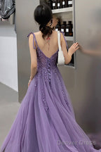Purple Lace Long Prom Dresses, A-Line Purple Evening Graduation Dresses