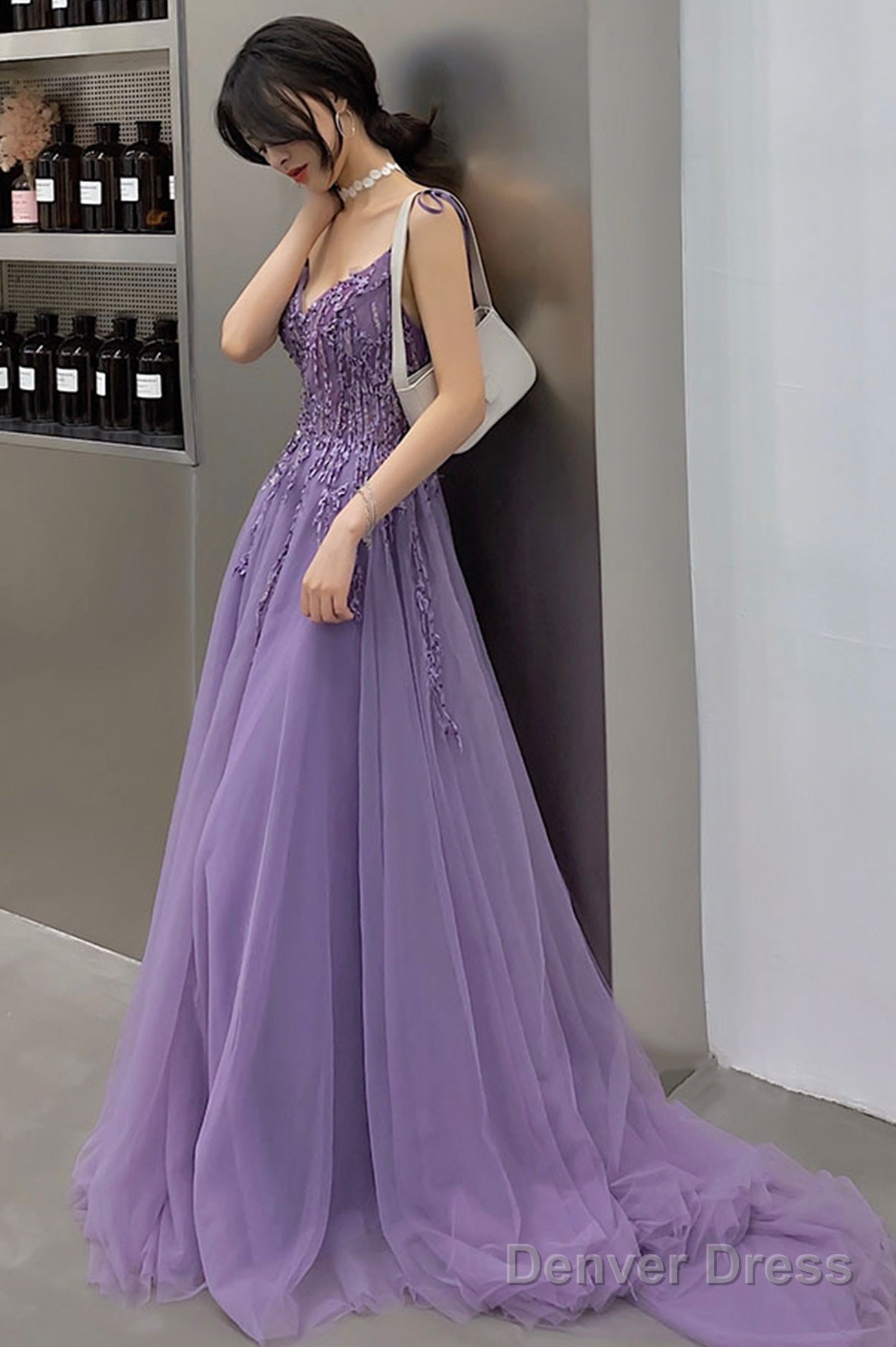 Purple Lace Long Prom Dresses, A-Line Purple Evening Graduation Dresses Main image