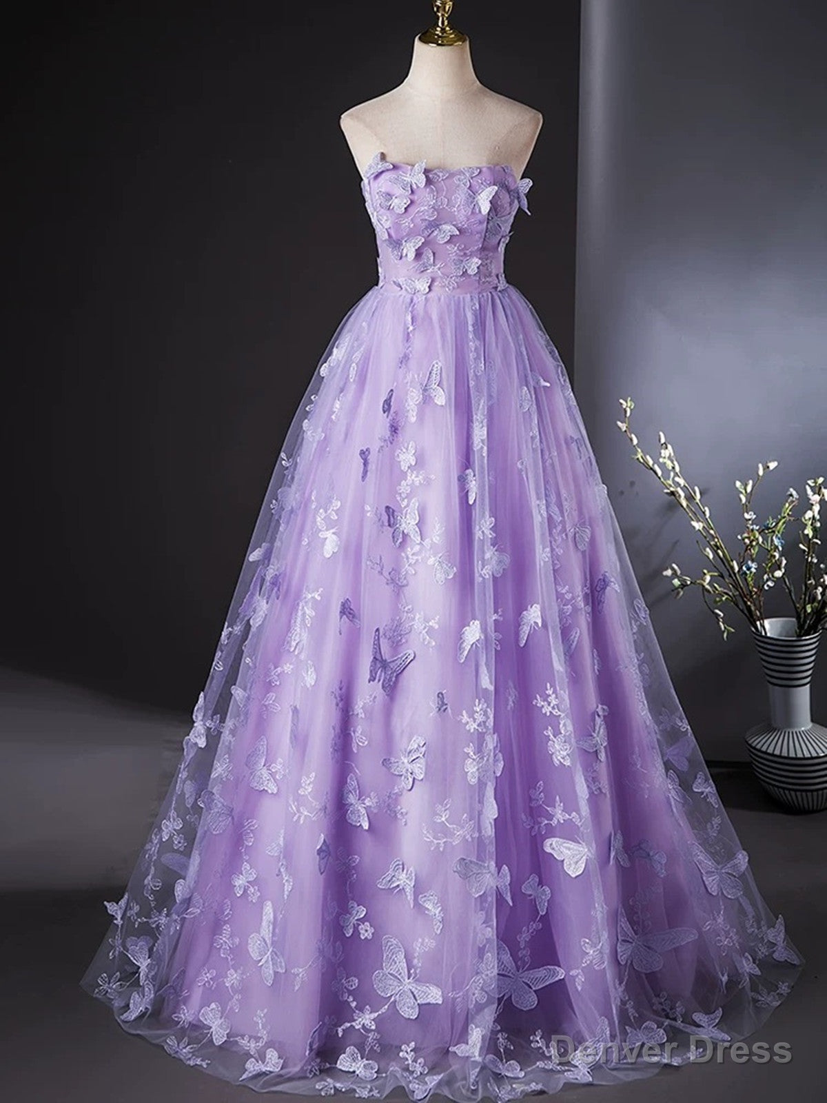 Purple Lace Strapless Floor Length Party Dress, Purple Lace Long Prom Dress Main image