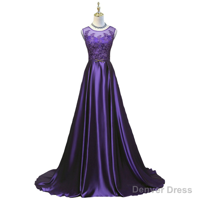 Purple Long Round Neckline Prom Dress, Satin Wedding Prom Dresses Main image
