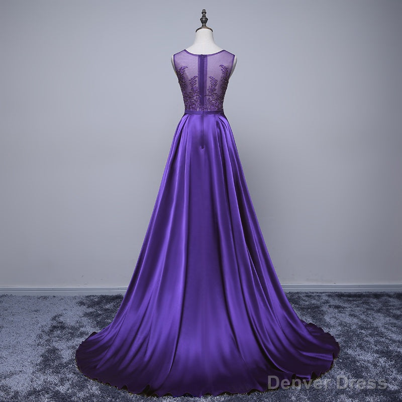 Purple Long Round Neckline Prom Dress, Satin Wedding Party Dress