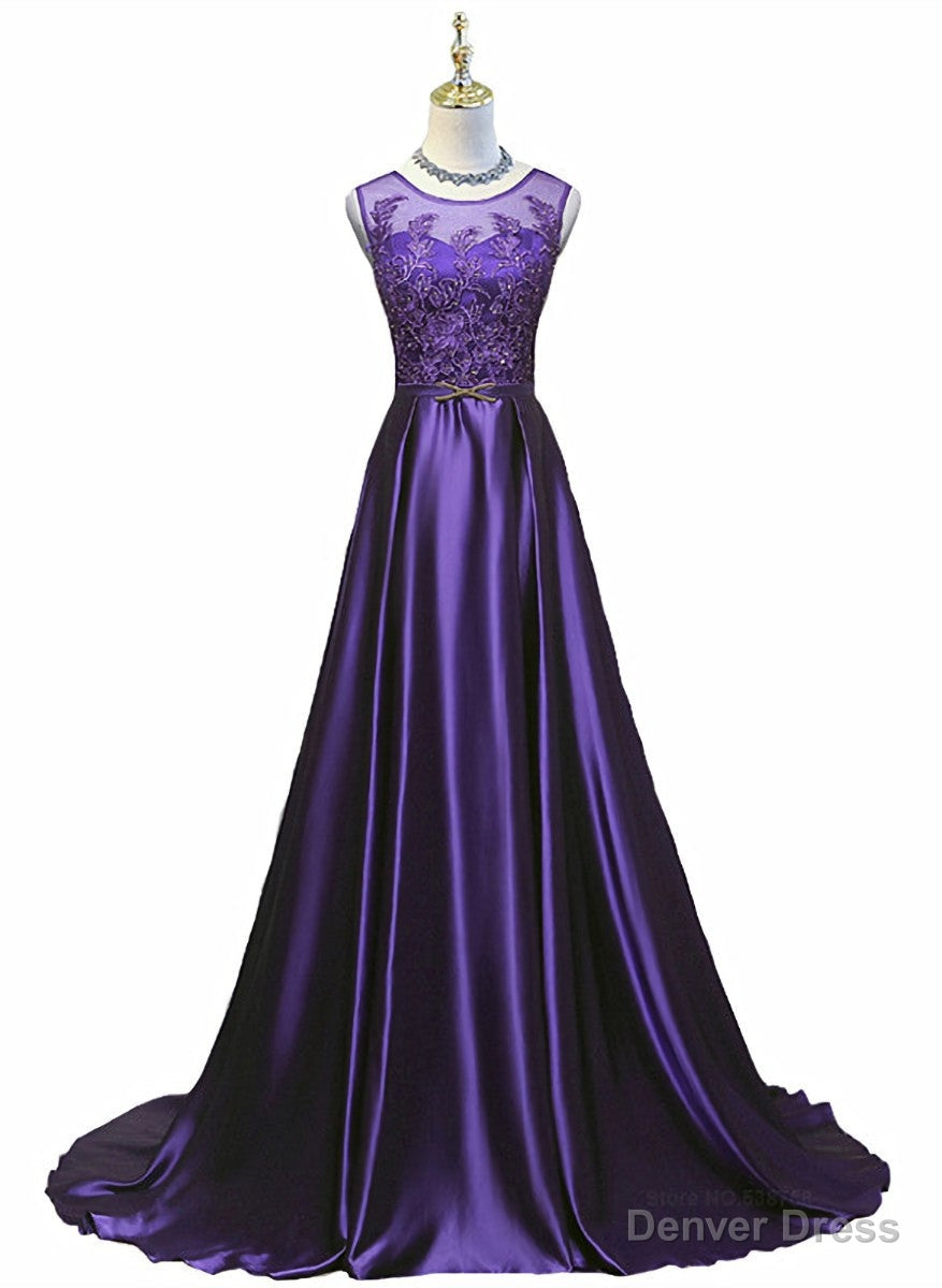 Purple Long Round Neckline Prom Dress, Satin Wedding Prom Dresses