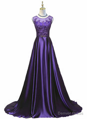 Purple Long Round Neckline Prom Dress, Satin Wedding Party Dress