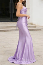 Purple Mermaid Corset Ruched Long Prom Dresses with Ruffled Slit