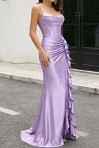 Purple Mermaid Corset Ruched Long Prom Dresses with Ruffled Slit