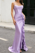 Purple Mermaid Corset Ruched Long Prom Dresses with Ruffled Slit