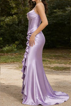Purple Mermaid Corset Ruched Prom Dresses with Ruffled Slit