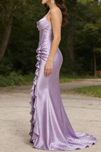 Purple Mermaid Corset Ruched Prom Dresses with Ruffled Slit