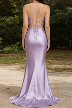 Purple Mermaid Corset Ruched Prom Dresses with Ruffled Slit