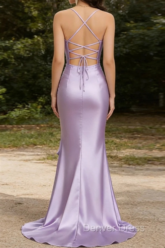 Purple Mermaid Corset Ruched Prom Dresses with Ruffled Slit