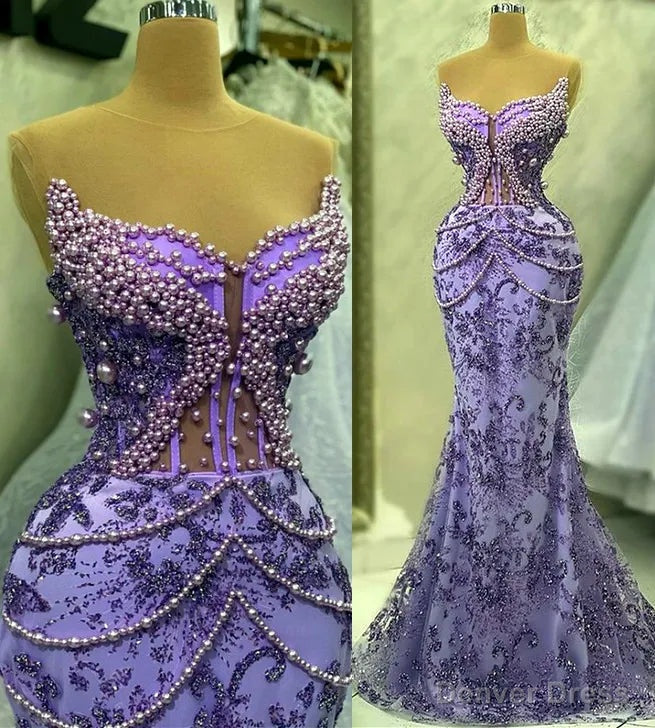 Purple Mermaid Prom Dresses Beaded Prom Gowns
