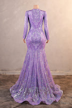 Purple Mermaid Prom Dresses Long Sleeves Sequin Long Evening Dresses