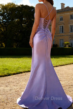 Purple Mermaid Spaghetti Straps Corset Beaded Long Prom Dress with Slit