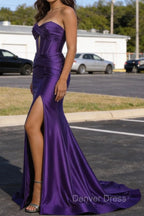Purple Mermaid Sweetheart Corset Long Prom Dresses with Slit