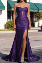 Purple Mermaid Sweetheart Corset Long Prom Dresses with Slit