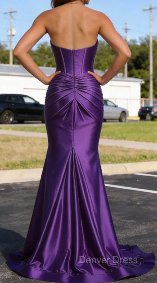 Purple Mermaid Sweetheart Corset Long Prom Dresses with Slit