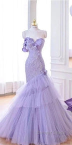 Purple Mermaid Sweetheart Neck Tulle Beaded Long Prom Dresses Strapless Sequin Applique Wedding Dresses